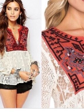 Free People Casablanca Tunic  boho-style lace top S romantic free spirit